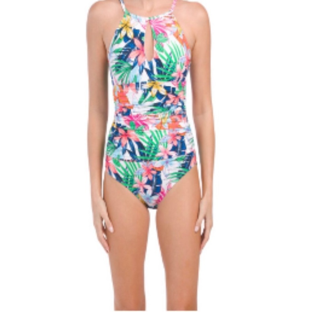 ELLEN TRACY TROPICAL PALM PRINT RUCHED HIGH NECK KEYHOLE 1 PIECE SWIMSUIT SZ 6